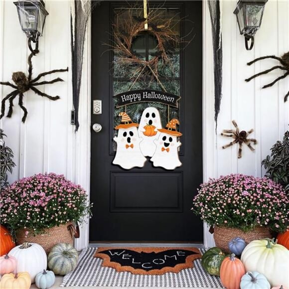 Halloween Ghost Door Sign BOO Decorations, Happy Halloween Wooden Ghost Hanging - Picture 6 of 8
